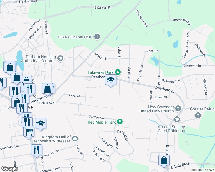map of restaurants, bars, coffee shops, grocery stores, and more near 3515 Dearborn Drive in Durham