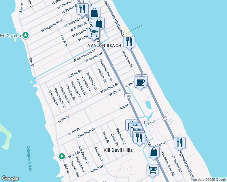 map of restaurants, bars, coffee shops, grocery stores, and more near 202 West 5th Street in Kill Devil Hills