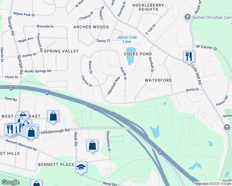 map of restaurants, bars, coffee shops, grocery stores, and more near 4312 Samoa Court in Durham