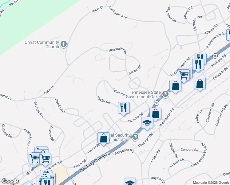 map of restaurants, bars, coffee shops, grocery stores, and more near 121 Tabor Road in Oak Ridge