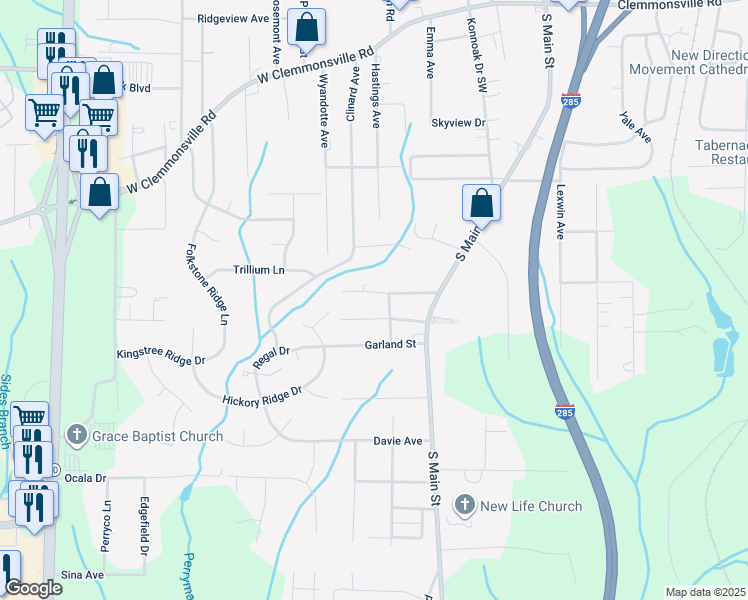 map of restaurants, bars, coffee shops, grocery stores, and more near 115 Hilton Drive in Winston-Salem