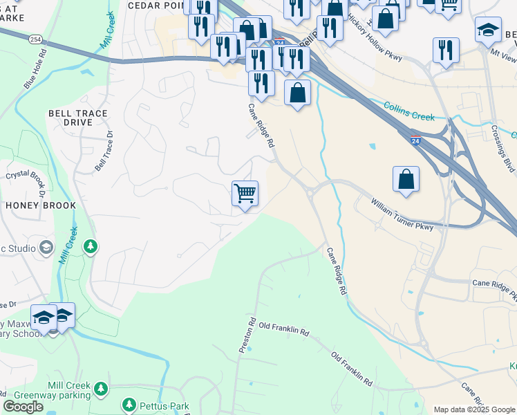 map of restaurants, bars, coffee shops, grocery stores, and more near 179 Mountain High Drive in Nashville