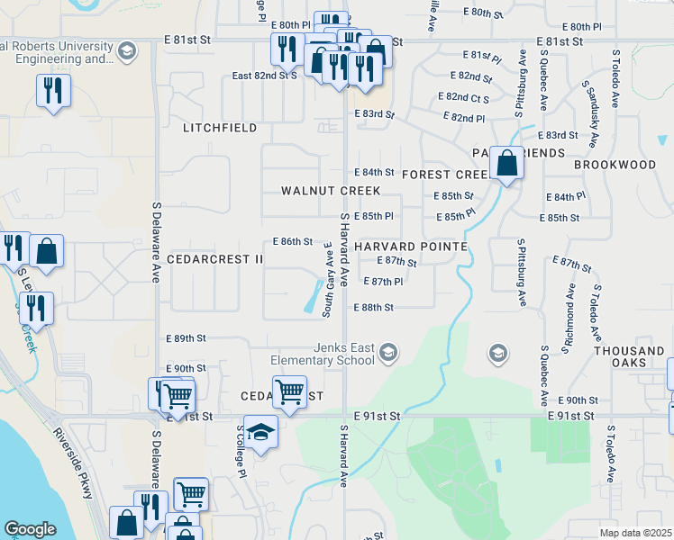 map of restaurants, bars, coffee shops, grocery stores, and more near 8633 South Gary Avenue in Tulsa
