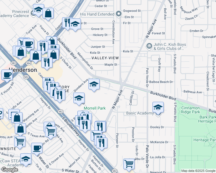 map of restaurants, bars, coffee shops, grocery stores, and more near 171 Westminster Way in Henderson