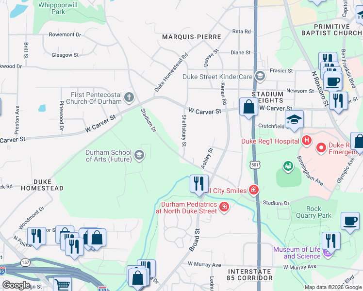 map of restaurants, bars, coffee shops, grocery stores, and more near 2718 Shaftsbury Street in Durham