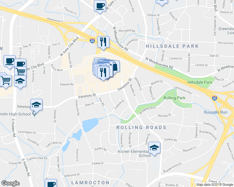 map of restaurants, bars, coffee shops, grocery stores, and more near 2403 Vanstory Street in Greensboro