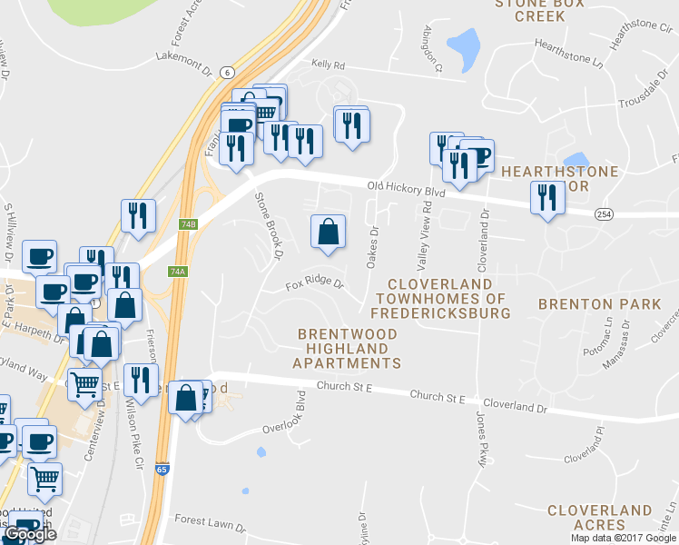 map of restaurants, bars, coffee shops, grocery stores, and more near 706 Fox Ridge Drive in Brentwood