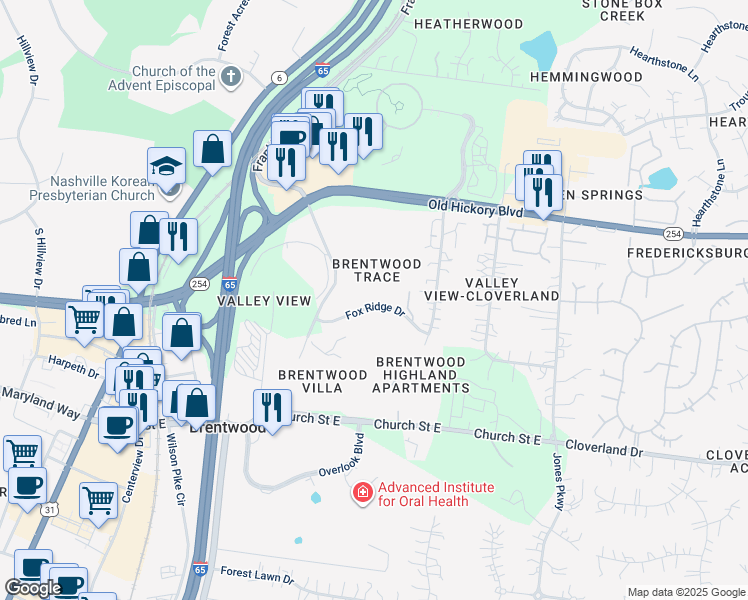 map of restaurants, bars, coffee shops, grocery stores, and more near 748 Fox Ridge Drive in Brentwood