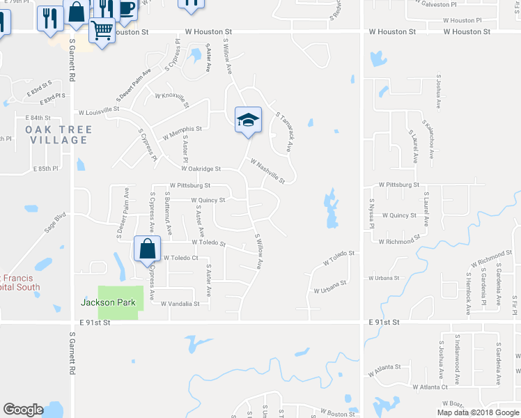 map of restaurants, bars, coffee shops, grocery stores, and more near 4109 West Quincy Court in Broken Arrow