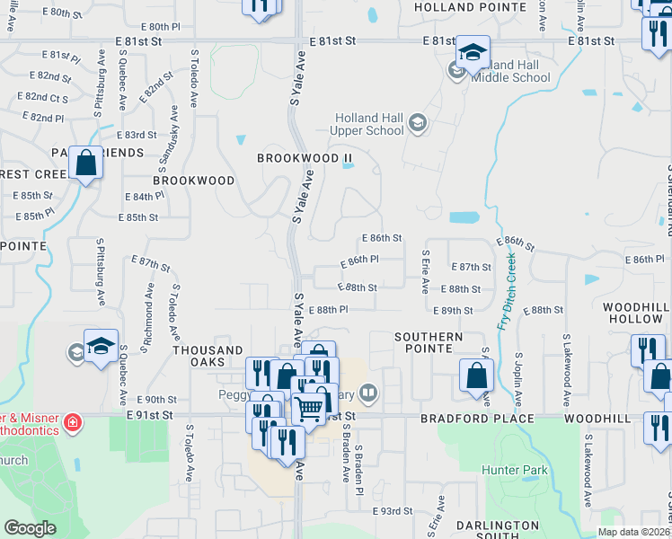 map of restaurants, bars, coffee shops, grocery stores, and more near 5012 East 86th Street in Tulsa
