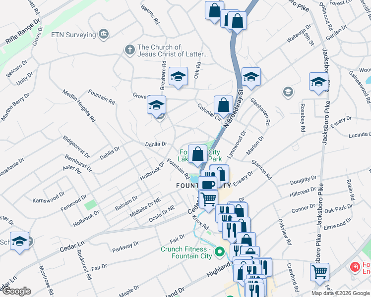 map of restaurants, bars, coffee shops, grocery stores, and more near 108 Evergreen Drive Northeast in Knoxville