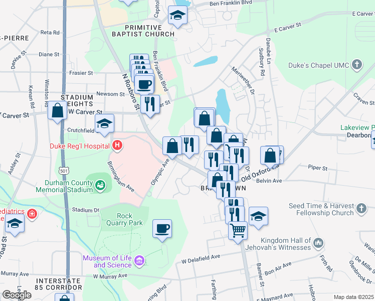 map of restaurants, bars, coffee shops, grocery stores, and more near 106 West Rockway Street in Durham
