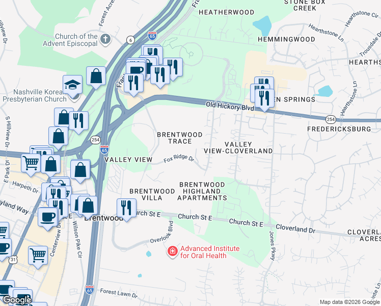 map of restaurants, bars, coffee shops, grocery stores, and more near 757 Fox Ridge Drive in Brentwood