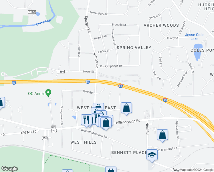 map of restaurants, bars, coffee shops, grocery stores, and more near 4602 Byrd Road in Durham