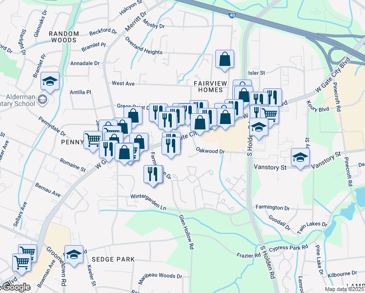 map of restaurants, bars, coffee shops, grocery stores, and more near 3815 West Gate City Boulevard in Greensboro