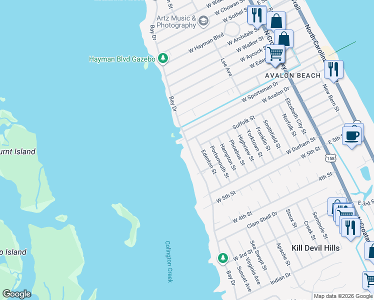 map of restaurants, bars, coffee shops, grocery stores, and more near 2054 Bay Drive in Kill Devil Hills