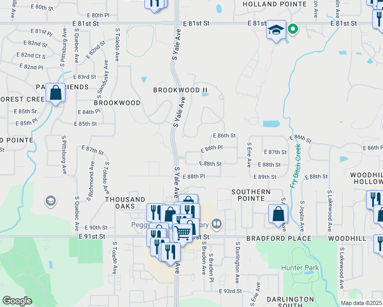 map of restaurants, bars, coffee shops, grocery stores, and more near 5012 East 86th Place in Tulsa