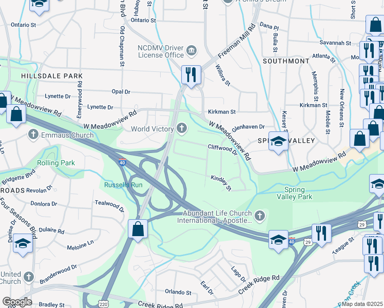 map of restaurants, bars, coffee shops, grocery stores, and more near 1410 Corregidor Street in Greensboro
