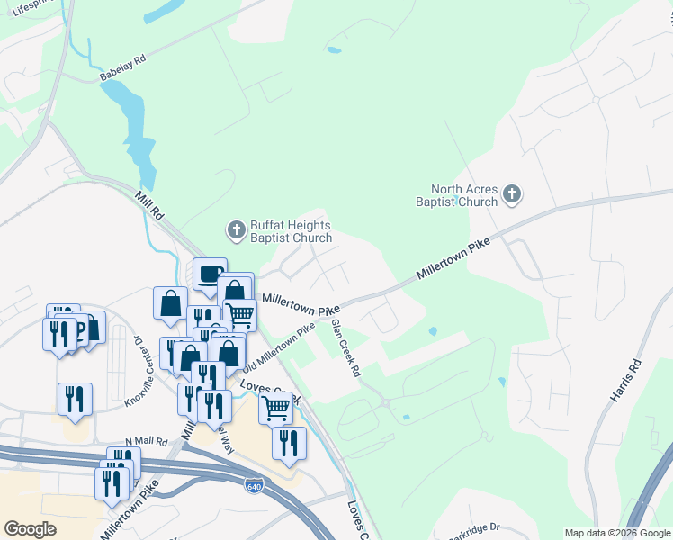map of restaurants, bars, coffee shops, grocery stores, and more near 2725 Beartooth Way in Knoxville