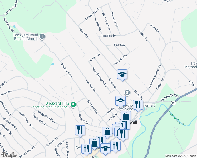 map of restaurants, bars, coffee shops, grocery stores, and more near 7933 Powell Heights Road in Powell