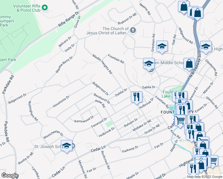 map of restaurants, bars, coffee shops, grocery stores, and more near 2405 Ridgecrest Drive in Knoxville