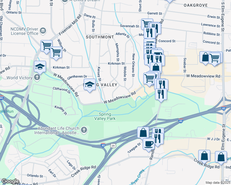 map of restaurants, bars, coffee shops, grocery stores, and more near 608 West Meadowview Road in Greensboro