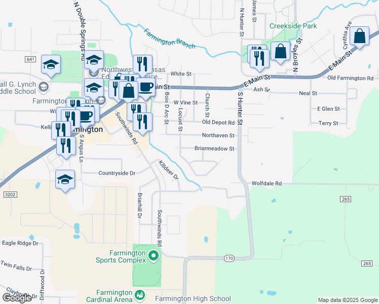 map of restaurants, bars, coffee shops, grocery stores, and more near 95 Briarmeadow Street in Farmington