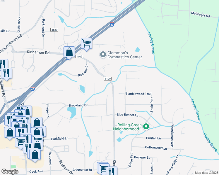 map of restaurants, bars, coffee shops, grocery stores, and more near 4700 Kinnamon Road in Winston-Salem