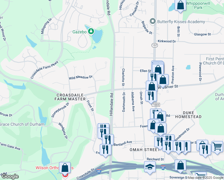map of restaurants, bars, coffee shops, grocery stores, and more near Hillandale Road in Durham