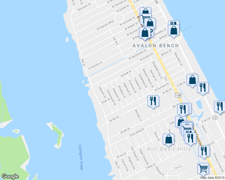 map of restaurants, bars, coffee shops, grocery stores, and more near 2032 Hampton Street in Kill Devil Hills