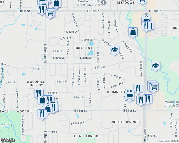 map of restaurants, bars, coffee shops, grocery stores, and more near 8710 South 72nd East Avenue in Tulsa