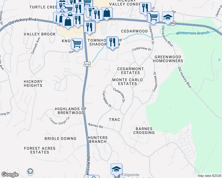 map of restaurants, bars, coffee shops, grocery stores, and more near 232 Cedarview Drive in Nashville