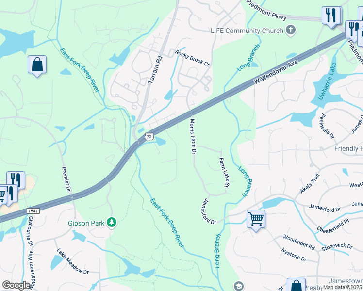 map of restaurants, bars, coffee shops, grocery stores, and more near 2409 Riverbend Road in Jamestown