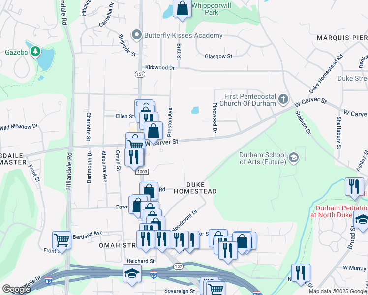 map of restaurants, bars, coffee shops, grocery stores, and more near 2509 Carver Street in Durham