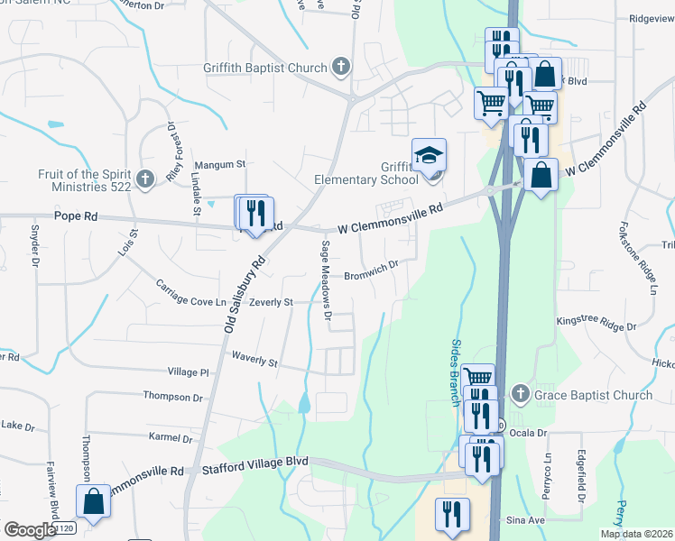 map of restaurants, bars, coffee shops, grocery stores, and more near 1489 Bromwich Drive in Winston-Salem