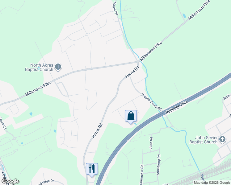 map of restaurants, bars, coffee shops, grocery stores, and more near 2133 Harris Road in Knoxville