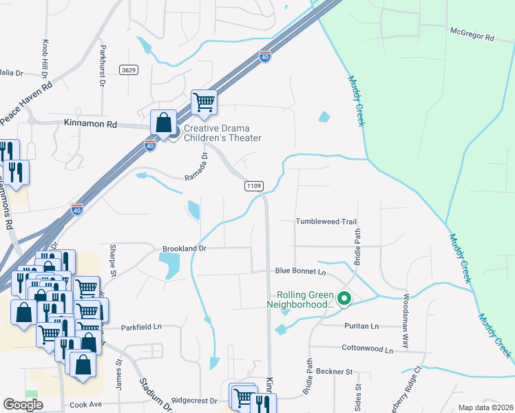 map of restaurants, bars, coffee shops, grocery stores, and more near 4700 Kinnamon Road in Winston-Salem