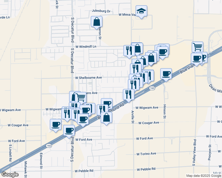 map of restaurants, bars, coffee shops, grocery stores, and more near 4575 Mission Meadow Circle in Las Vegas