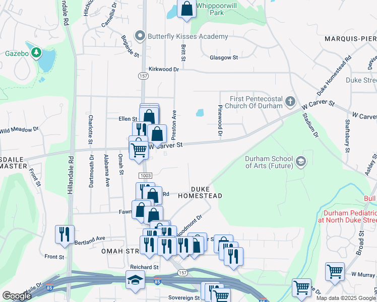 map of restaurants, bars, coffee shops, grocery stores, and more near 2509 Carver Street in Durham