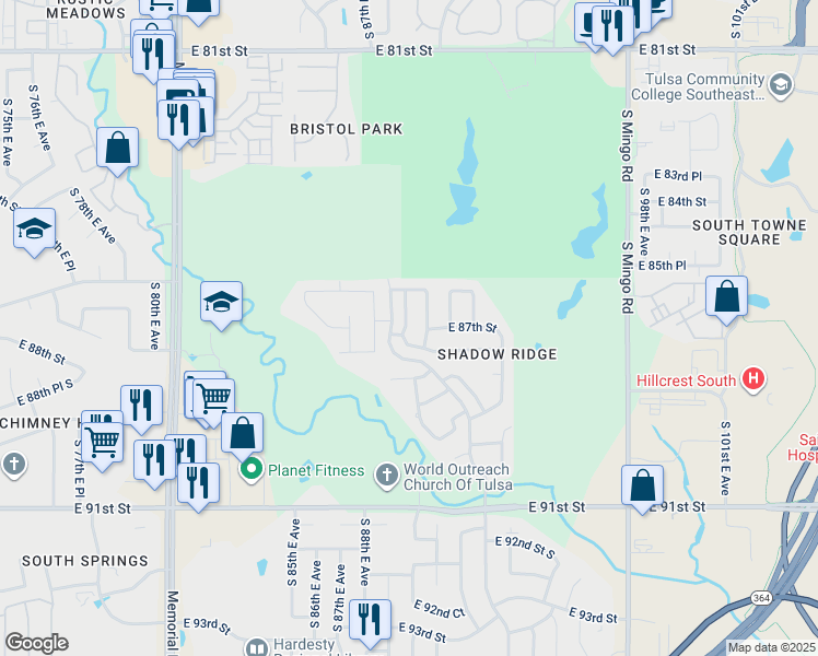 map of restaurants, bars, coffee shops, grocery stores, and more near 8639 S 89th E Pl in Tulsa