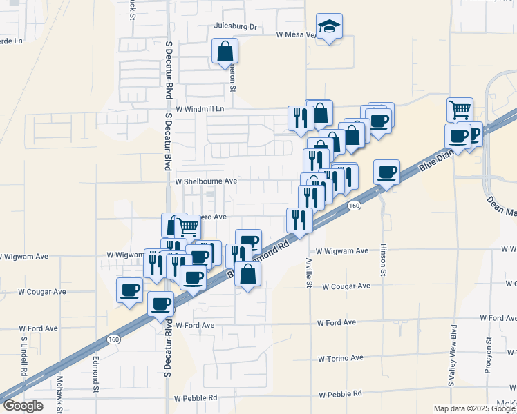 map of restaurants, bars, coffee shops, grocery stores, and more near 4575 Mission Meadow Circle in Las Vegas