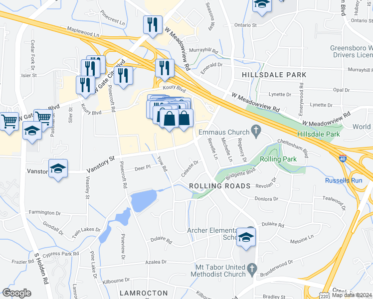 map of restaurants, bars, coffee shops, grocery stores, and more near 2403 Vanstory Street in Greensboro