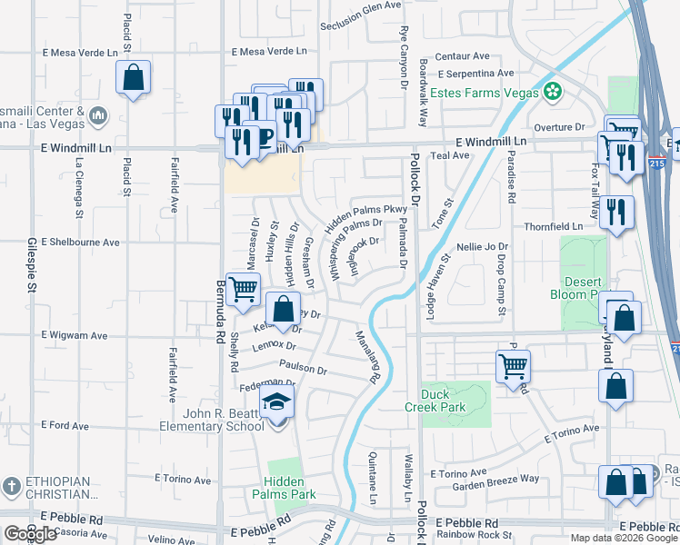 map of restaurants, bars, coffee shops, grocery stores, and more near 627 Whispering Palms Drive in Las Vegas