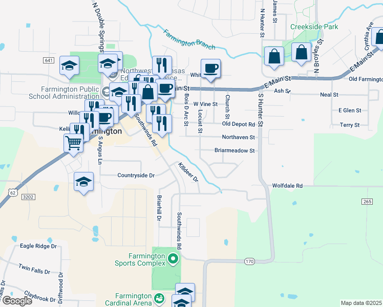 map of restaurants, bars, coffee shops, grocery stores, and more near 133 Briarmeadow Street in Farmington