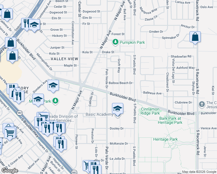 map of restaurants, bars, coffee shops, grocery stores, and more near 742 Palo Verde Drive in Henderson