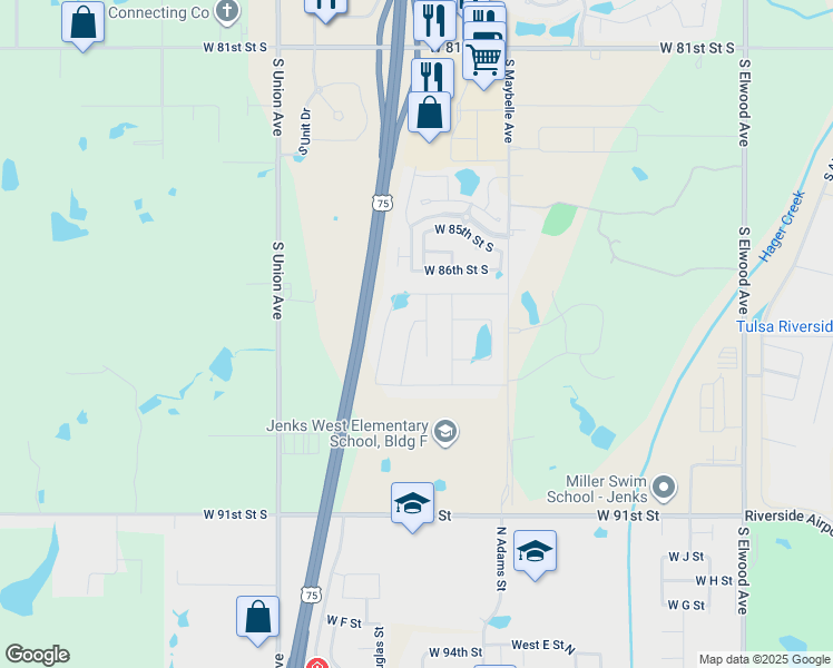 map of restaurants, bars, coffee shops, grocery stores, and more near 8711 South Phoenix Place in Tulsa