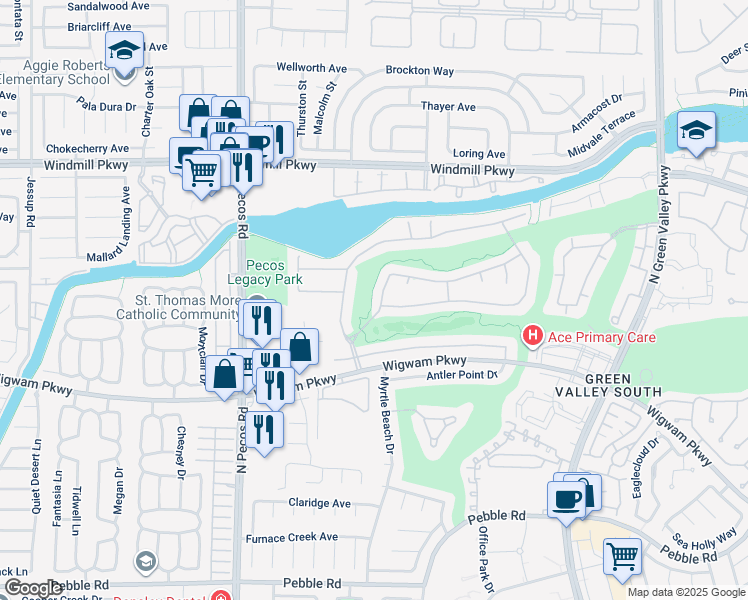 map of restaurants, bars, coffee shops, grocery stores, and more near 2496 Ram Crossing Way in Henderson