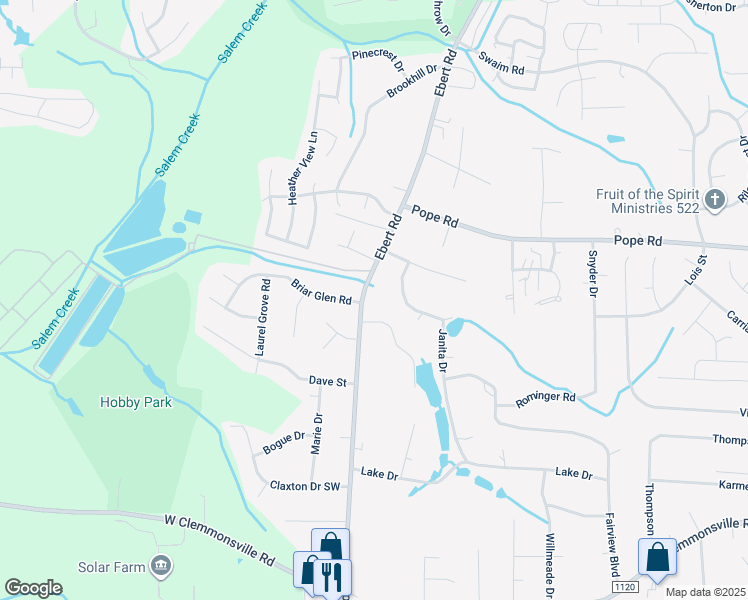 map of restaurants, bars, coffee shops, grocery stores, and more near 3859 Ebert Road in Winston-Salem