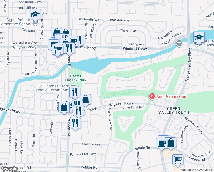 map of restaurants, bars, coffee shops, grocery stores, and more near 2496 Ram Crossing Way in Henderson