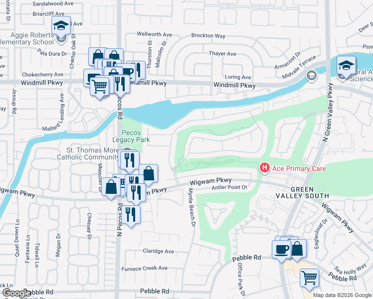 map of restaurants, bars, coffee shops, grocery stores, and more near 2496 Ram Crossing Way in Henderson